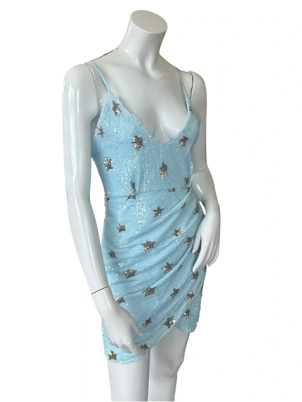 Superdown Dina Sky Blue Gold Star Print Sequin Ruched Front Mini Dress Sz Small